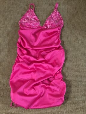 For Love And Lemons Hot Pink Satin Embellished Mini Dress